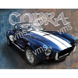 Classic blue Cobra sports car with white racing stripes.