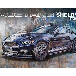 A black Shelby Mustang GT350 displayed on a textured wall.