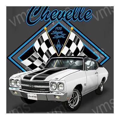 Classic white Chevrolet Chevelle with racing stripes and checkered flags.