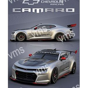 Silver Chevrolet Camaro with racing decals at an auto show.