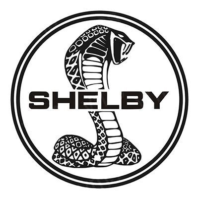 Black and white Shelby Cobra logo with a coiled snake inside a circle.