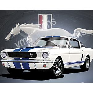 Classic white Ford Mustang with blue racing stripes and custom hood design.