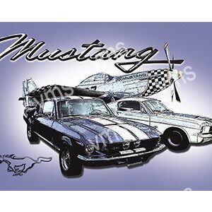 Illustration of two classic Ford Mustang cars with a stylized logo.