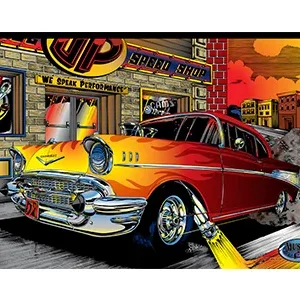 A vibrant classic car parked in a colorful urban setting at sunset.