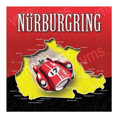 Vintage poster showcasing a red race car at Nürburgring track in Germany.