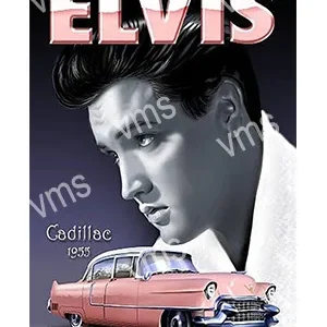 Vintage poster featuring Elvis Presley with a classic pink Cadillac.