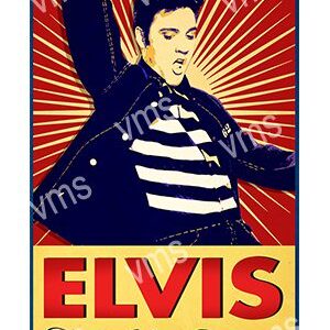 Elvis Presley performing with dynamic red and yellow rays background.