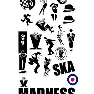 Black and white graphic of ska and Madness band elements.
