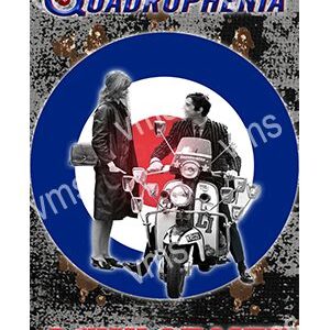 Vintage poster with a mother, child, and scooter inside a blue circular frame.