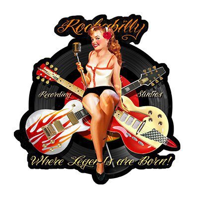 Pin-up girl with a guitar and retro car, vintage rockabilly style.