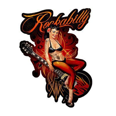Pin-up style rockabilly girl with a guitar and classic flames background.