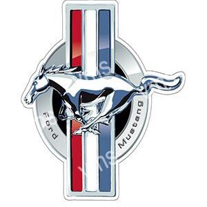Ford Mustang emblem with red, white, and blue stripes.