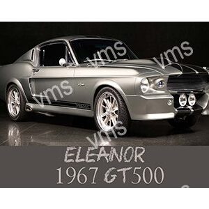 A silver 1967 GT500 Eleanor Mustang with racing modifications.