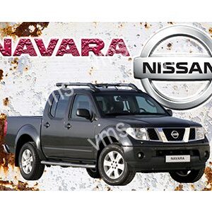 Gray Nissan Navara pickup truck with logo and rusty background.