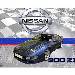 A sleek black Nissan 300ZX sports car with a checkered flag background.