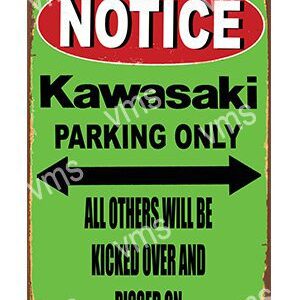 A green and red Kawasaki parking sign with an arrow.