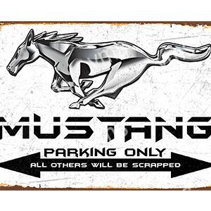Black and white Mustang parking sign with horse illustration.
