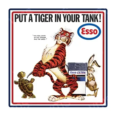 Vintage Esso ad featuring a tiger and woodland animals promoting fuel.