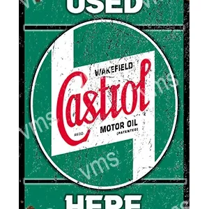 Vintage Castrol motor oil sign with green and red colors.