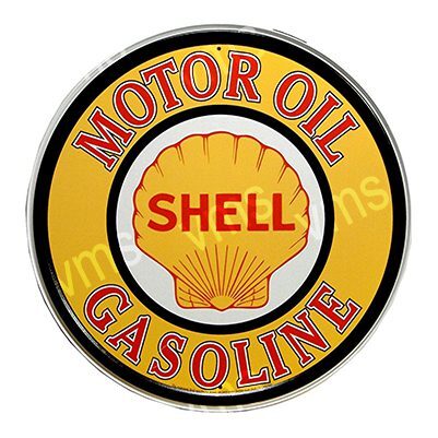 Vintage Shell motor oil and gasoline sign with a yellow background.