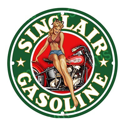 Vintage Sinclair Gasoline logo with pin-up girl and motorcycle.