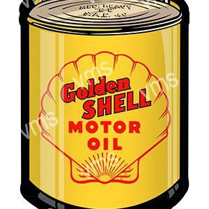 Vintage Golden Shell motor oil can with bright yellow and red design.