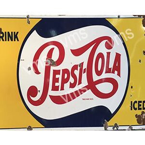 Vintage Pepsi-Cola sign with bold red and white lettering on a yellow background.