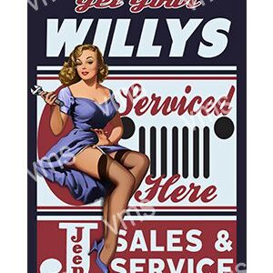 Vintage pin-up style advertisement for Jeep Willys sales and service.