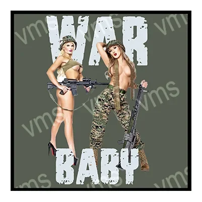 A man and woman posing with rifles, 'WAR BABY' text above and below.