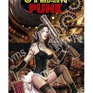 Steampunk woman holding a large gun with gears in the background.