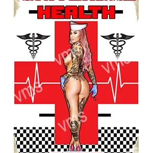 Tattooed woman posing in front of a red health cross with medical symbols.