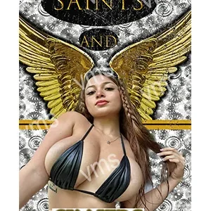 A woman with golden wings and black bikini poses confidently against a textured backdrop.