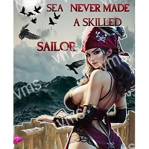 A fierce pirate woman with a sword stands on a ship, with a sea and birds in the background.
