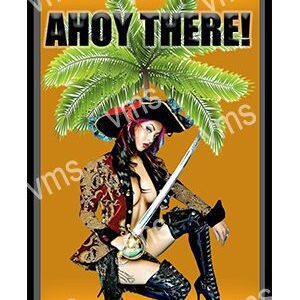 Pirate-themed poster with a woman holding a sword under a palm tree.