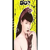 Retro-style woman with finger to lips and text 'DO?' on yellow background.