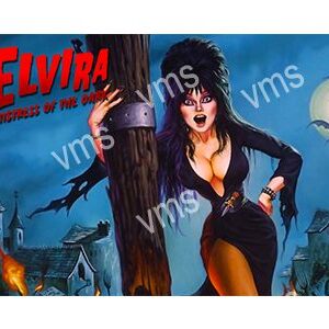 Elvira posing in a spooky graveyard setting during nighttime.
