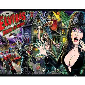 Elvira in a spooky haunted house scene with zombies and monsters.