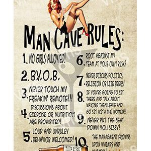 A vintage-style poster listing humorous Man Cave rules with illustrations.