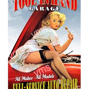 Vintage pin-up girl leaning on a red car with a playful smile.