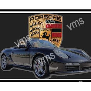 Sleek black Porsche convertible with iconic emblem in background.