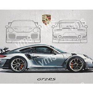 Sleek Porsche GT2 RS with technical sketches in the background.