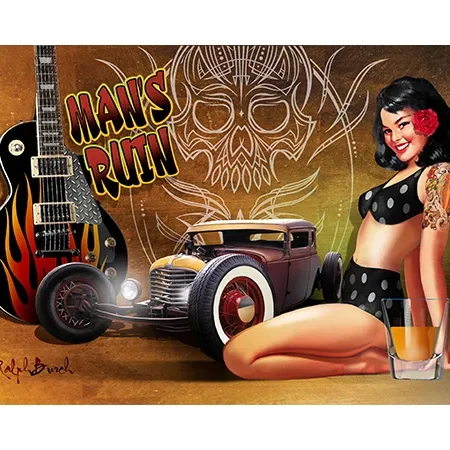 Pin-up girl with classic car and guitar under 'Man's Ruin' skull artwork.