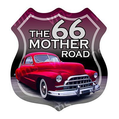 Classic red car on a vintage shield logo for The 66 Mother Road.