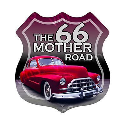 A vintage red car on a Route 66 themed shield logo.