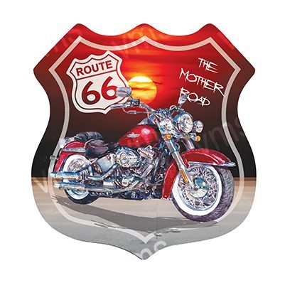 Route 66 shield with a motorcycle and sunset background.