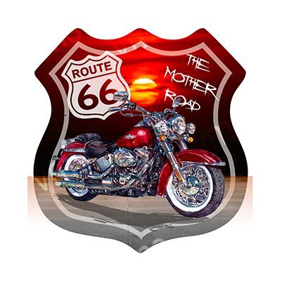 A classic motorcycle with a Route 66 sign and sunset background.
