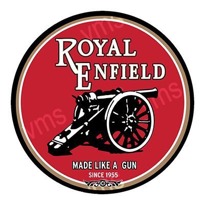 Vintage Royal Enfield logo with a gun and wheel illustration.