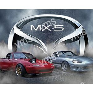 Two Mazda MX-5 cars with an MX-5 logo in the background.