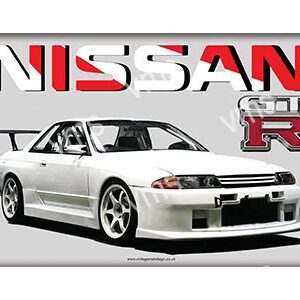 Classic white Nissan Skyline GT-R R32 car in front of a bold Nissan logo.