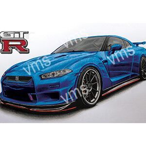 Blue Nissan GT-R sports car with aggressive styling and decals.
